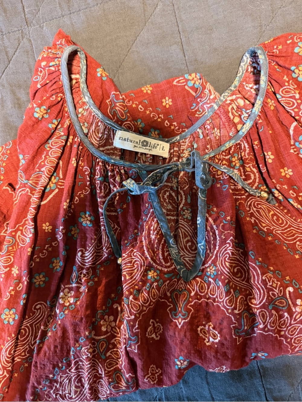 NATURAL LIFE Red Paisley Tie-Front Peasant Top